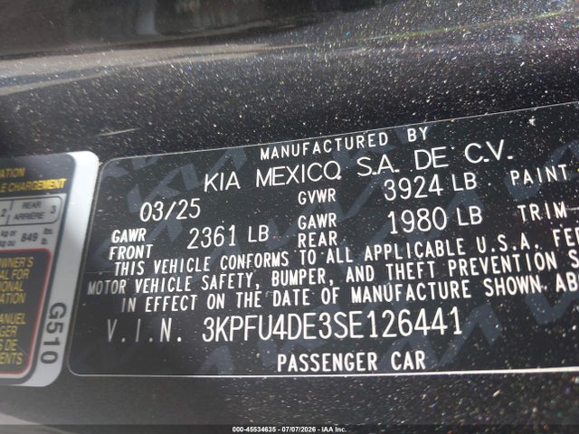 45534635 :رقم المزاد ، 3KPFU4DE3SE126441 vin ، 2025 Kia K4 Ex مزاد بيع