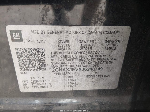 Aukcja sprzedaży 2018 Chevrolet Equinox Lt, vin: 2GNAXJEVXJ6248749, numer aukcji: 45534638