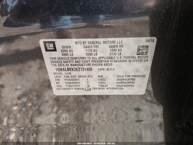 Aukcja sprzedaży 2014 Chevrolet Equinox Lt, vin: 1GNALBEK2EZ131409, numer aukcji: 45534647