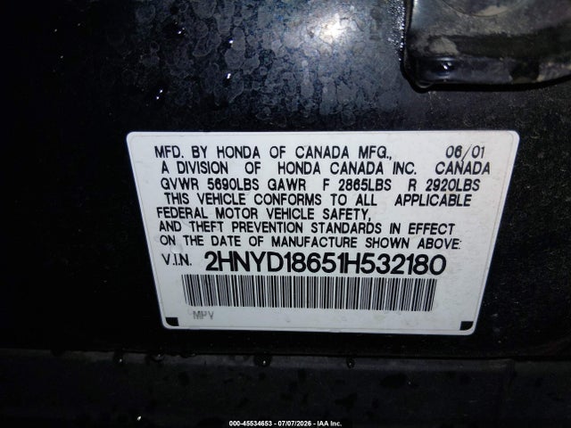 Aukcja sprzedaży 2001 Acura Mdx, vin: 2HNYD18651H532180, numer aukcji: 45534653