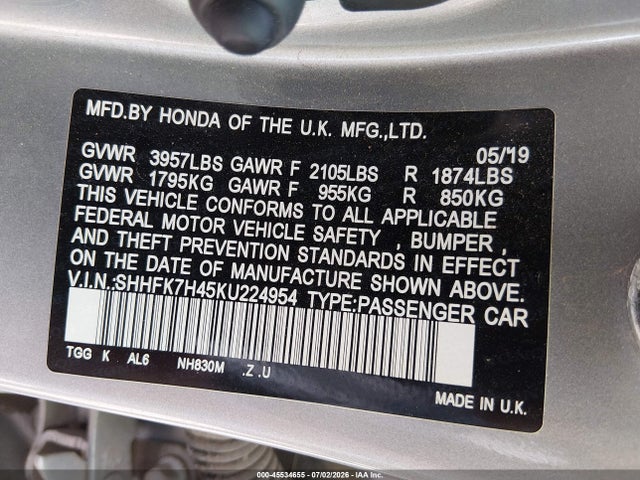 SHHFK7H45KU224954 Honda Civic Sport