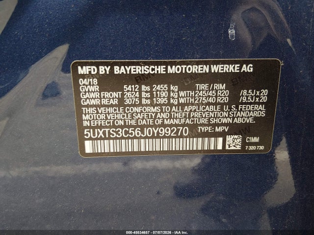 Продаж на аукціоні авто 2018 Bmw X3 M40i, vin: 5UXTS3C56J0Y99270, номер лоту: 45534657