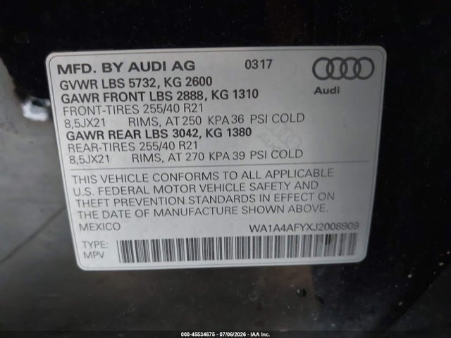 Продаж на аукціоні авто 2018 Audi Sq5 3.0t Premium Plus, vin: WA1A4AFYXJ2008909, номер лоту: 45534675