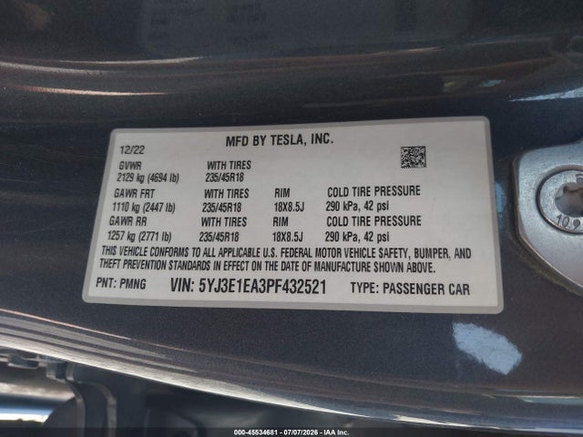 Aukcja sprzedaży 2023 Tesla Model 3 Rear-wheel Drive, vin: 5YJ3E1EA3PF432521, numer aukcji: 45534681