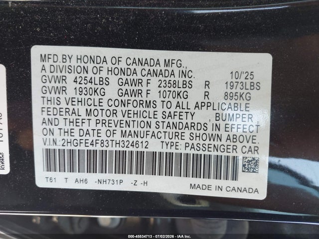 45534713 :رقم المزاد ، 2HGFE4F83TH324612 vin ، 2026 Honda Civic Hybrid Sport/sport Touring مزاد بيع