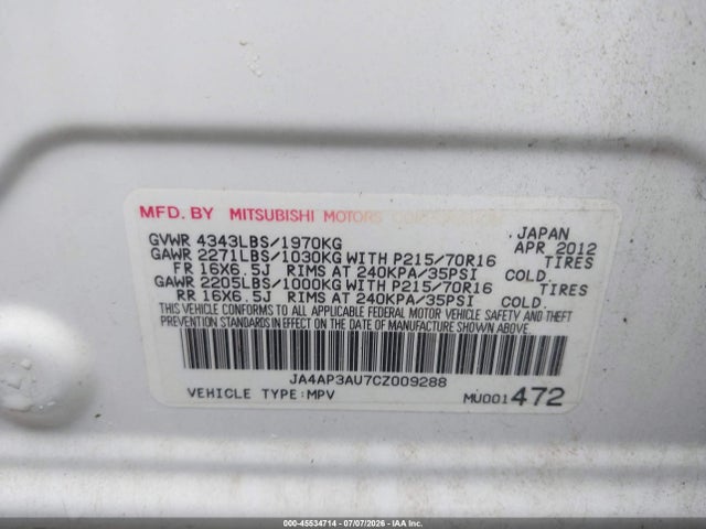 45534714 :رقم المزاد ، JA4AP3AU7CZ009288 vin ، 2012 Mitsubishi Outlander Sport Es مزاد بيع