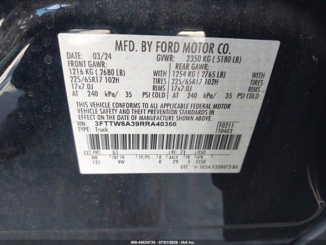 Продажа на аукционе авто 2024 Ford Maverick Xl, vin: 3FTTW8A39RRA40366, номер лота: 45534720