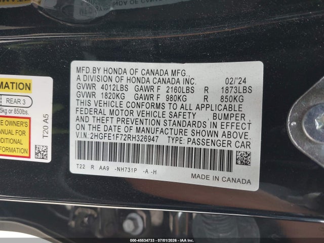 Honda CIVIC EX 2024 2HGFE1F72RH326947 Image 9