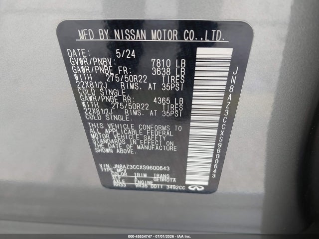 Продаж на аукціоні авто 2025 Infiniti Qx80 Autograph Awd, vin: JN8AZ3CCXS9600643, номер лоту: 45534747