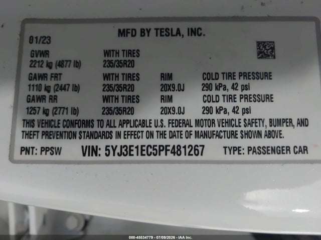 Продаж на аукціоні авто 2023 Tesla Model 3 Performance Dual Motor All-wheel Drive, vin: 5YJ3E1EC5PF481267, номер лоту: 45534779