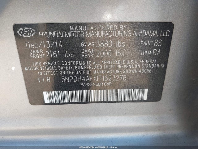 Aukcja sprzedaży 2015 Hyundai Elantra Limited, vin: 5NPDH4AEXFH623276, numer aukcji: 45534794