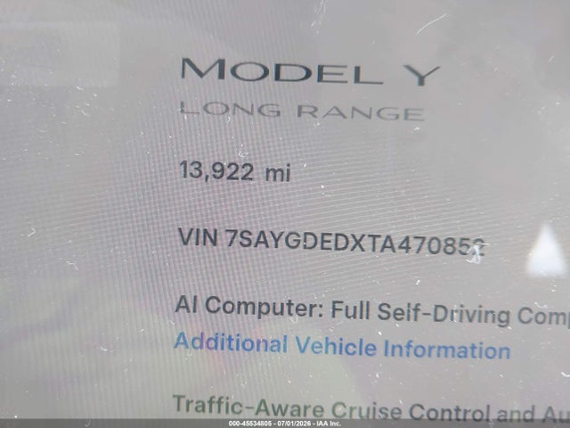 2026 Tesla Model Y Premium Rear-wheel Drive/rear-wheel Drive მანქანა იყიდება აუქციონზე, vin: 7SAYGDEDXTA470852, აუქციონის ნომერი: 45534805
