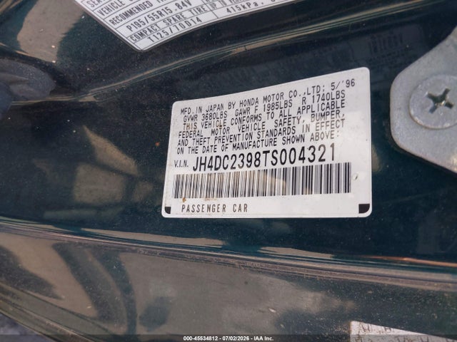 45534812 :رقم المزاد ، JH4DC2398TS004321 vin ، 1996 Acura Integra Gsr مزاد بيع