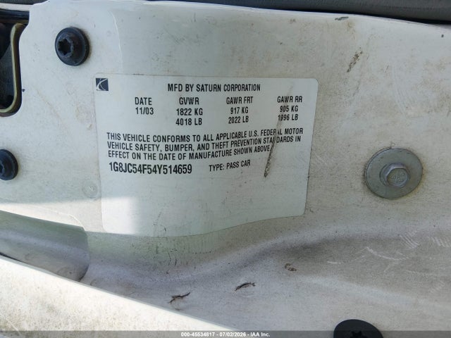 2004 Saturn L-series L300 1 მანქანა იყიდება აუქციონზე, vin: 1G8JC54F54Y514659, აუქციონის ნომერი: 45534817