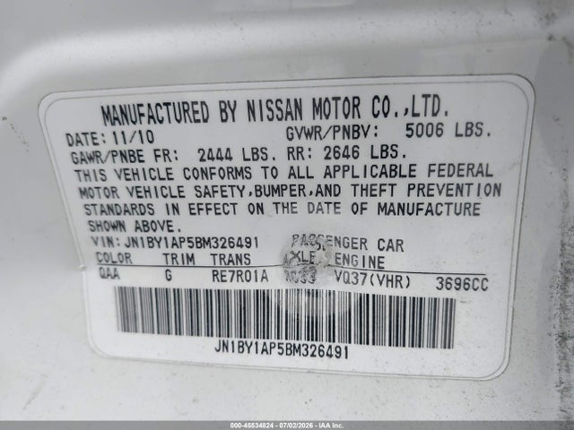 Aukcja sprzedaży 2011 Infiniti M37, vin: JN1BY1AP5BM326491, numer aukcji: 45534824