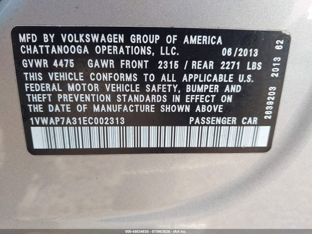 2014 Volkswagen Passat 2.5l S მანქანა იყიდება აუქციონზე, vin: 1VWAP7A31EC002313, აუქციონის ნომერი: 45534835