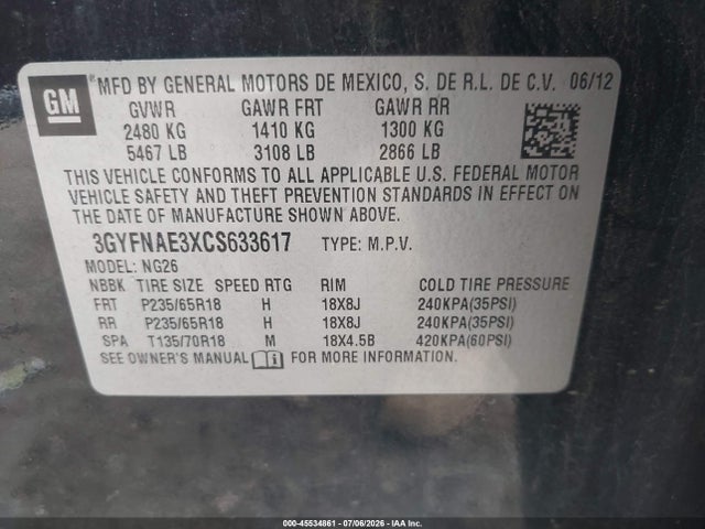 2012 Cadillac Srx Luxury Collection მანქანა იყიდება აუქციონზე, vin: 3GYFNAE3XCS633617, აუქციონის ნომერი: 45534861