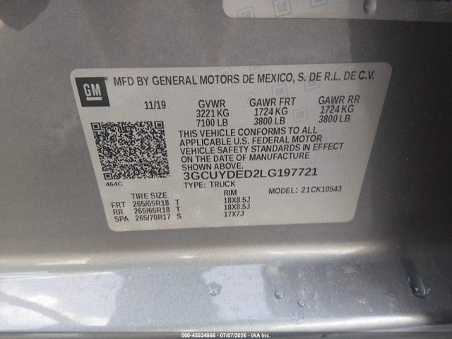 45534866 :رقم المزاد ، 3GCUYDED2LG197721 vin ، 2020 Chevrolet Silverado 1500 4wd  Short Bed Lt مزاد بيع