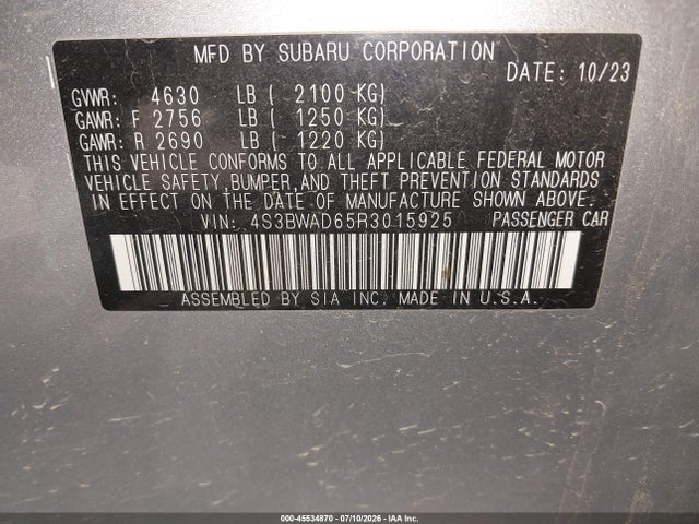 45534870 :رقم المزاد ، 4S3BWAD65R3015925 vin ، 2024 Subaru Legacy Premium مزاد بيع