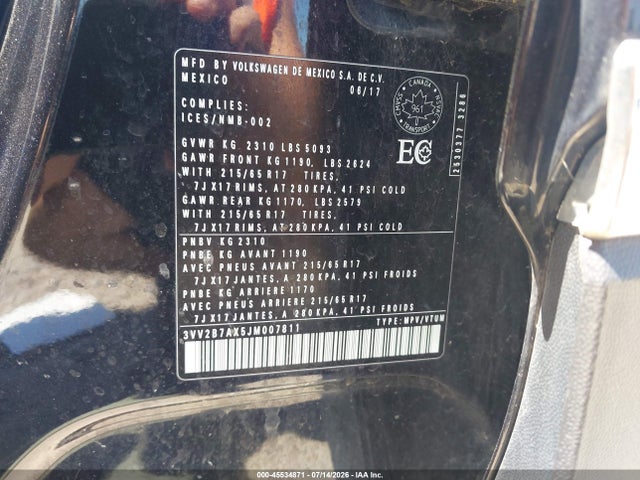 2018 Volkswagen Tiguan 2.0t Se/2.0t Sel მანქანა იყიდება აუქციონზე, vin: 3VV2B7AX5JM007811, აუქციონის ნომერი: 45534871