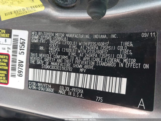 2012 Toyota Sienna Le V6 8 Passenger მანქანა იყიდება აუქციონზე, vin: 5TDKK3DC0CS183782, აუქციონის ნომერი: 45534874