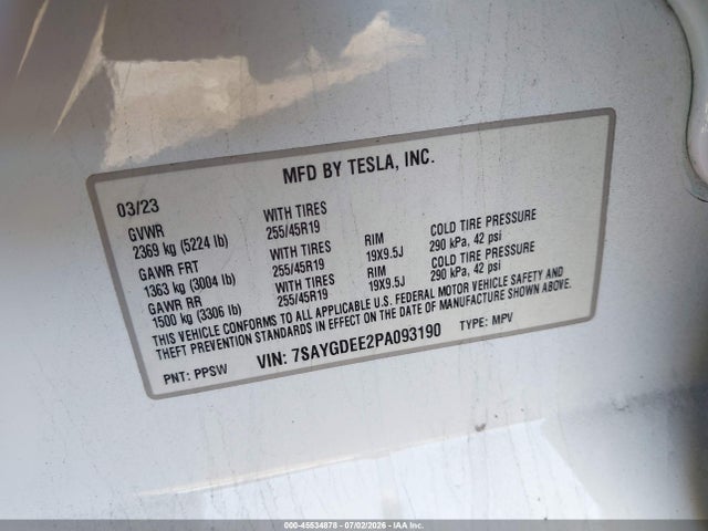 45534878 :رقم المزاد ، 7SAYGDEE2PA093190 vin ، 2023 Tesla Model Y مزاد بيع