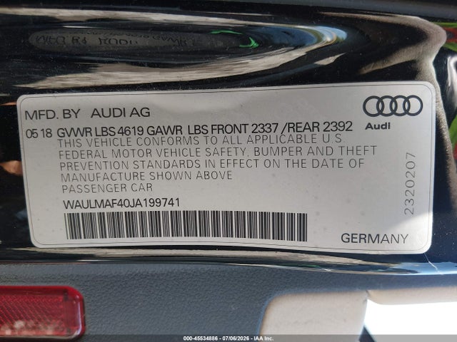 Aukcja sprzedaży 2018 Audi A4 2.0t Tech Ultra Premium/2.0t Ultra Premium, vin: WAULMAF40JA199741, numer aukcji: 45534886