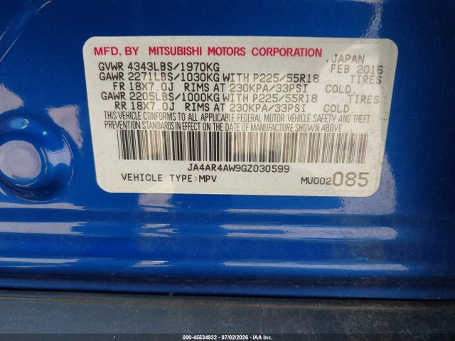Aukcja sprzedaży 2016 Mitsubishi Outlander Sport 2.4 Gt, vin: JA4AR4AW9GZ030599, numer aukcji: 45534932