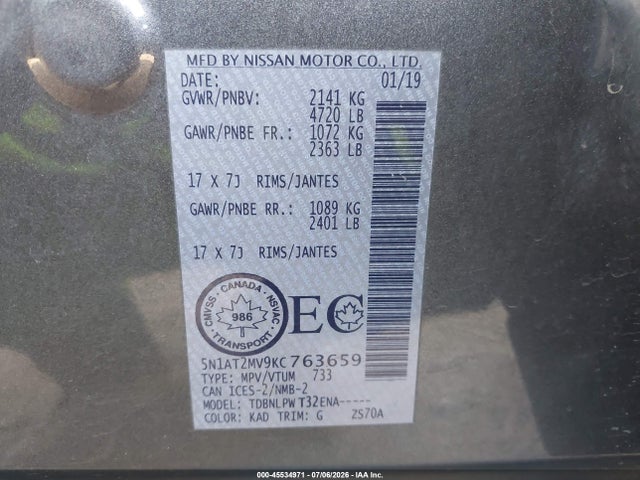 5N1AT2MV9KC763659 Nissan Rogue S/sl/sv
