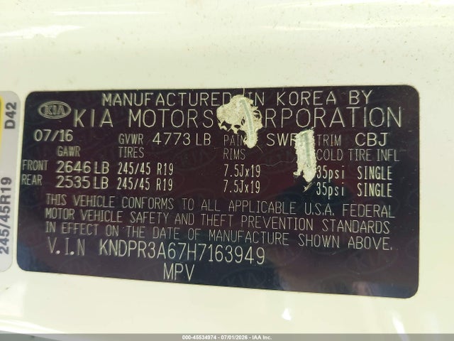 Aukcja sprzedaży 2017 Kia Sportage Sx Turbo, vin: KNDPR3A67H7163949, numer aukcji: 45534974