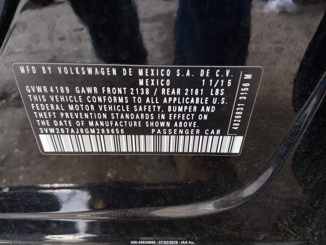 2016 Volkswagen Jetta 1.4t S მანქანა იყიდება აუქციონზე, vin: 3VW267AJ8GM289656, აუქციონის ნომერი: 45534988