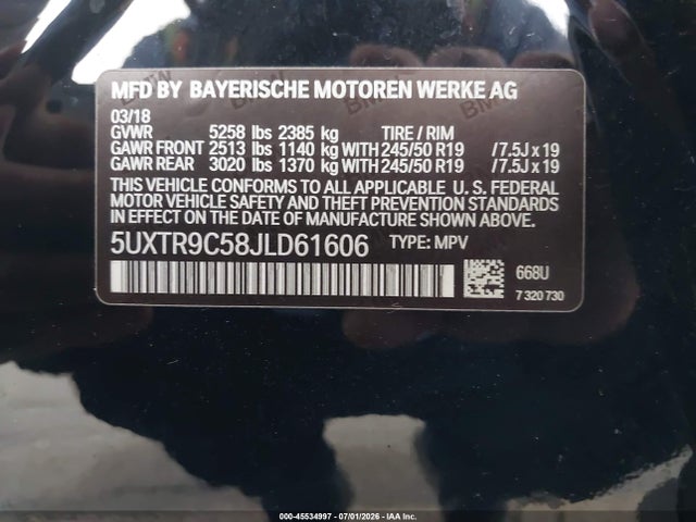 45534997 :رقم المزاد ، 5UXTR9C58JLD61606 vin ، 2018 Bmw X3 Xdrive30i مزاد بيع