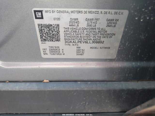 45535020 :رقم المزاد ، 3GKALPEV6LL308892 vin ، 2020 Gmc Terrain Fwd Slt مزاد بيع