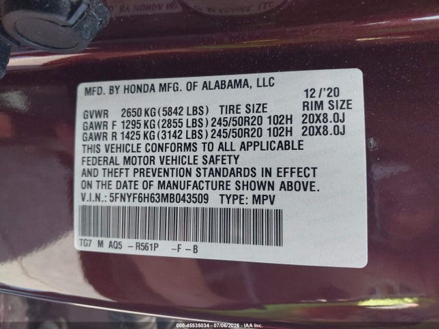 5FNYF6H63MB043509 Honda Pilot Awd Touring 7 Passenger