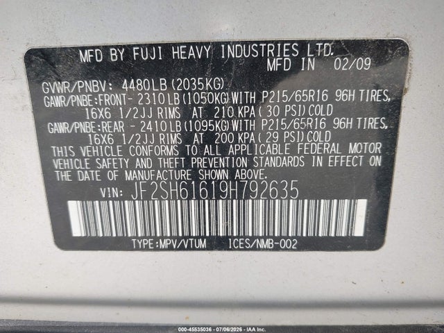 Aukcja sprzedaży 2009 Subaru Forester 2.5x, vin: JF2SH61619H792635, numer aukcji: 45535036
