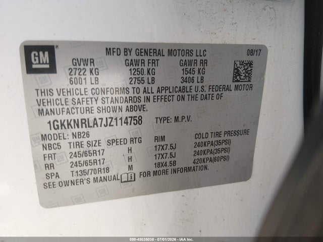 45535038 :رقم المزاد ، 1GKKNRLA7JZ114758 vin ، 2018 Gmc Acadia Sle-1 مزاد بيع
