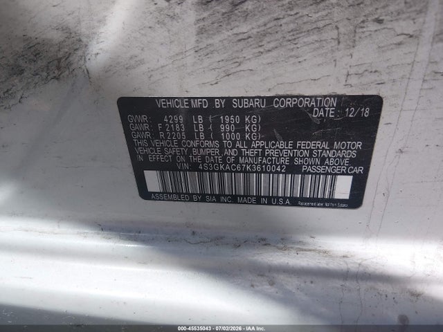 Aukcja sprzedaży 2019 Subaru Impreza 2.0i Premium, vin: 4S3GKAC67K3610042, numer aukcji: 45535043
