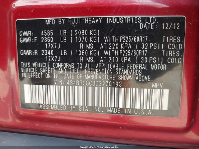 Aukcja sprzedaży 2013 Subaru Outback 2.5i Premium, vin: 4S4BRCGC3D3270193, numer aukcji: 45535047