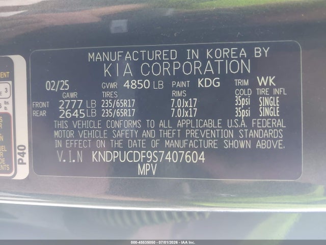 Aukcja sprzedaży 2025 Kia Sportage Lx, vin: KNDPUCDF9S7407604, numer aukcji: 45535050