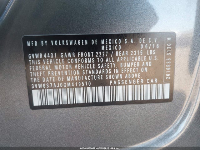 Auction sale of the 2016 Volkswagen Jetta Hybrid Sel Premium, vin: 3VW637AJ0GM419570, lot number: 45535067