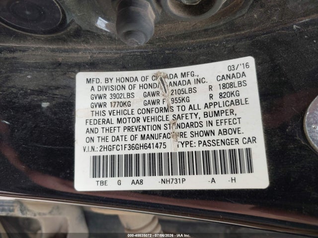 Aukcja sprzedaży 2016 Honda Civic Ex-t, vin: 2HGFC1F36GH641475, numer aukcji: 45535072
