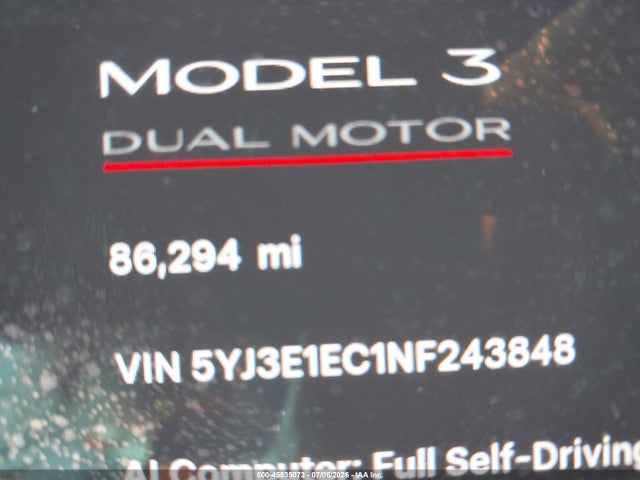 45535073 :رقم المزاد ، 5YJ3E1EC1NF243848 vin ، 2022 Tesla Model 3 Performance Dual Motor All-wheel Drive مزاد بيع