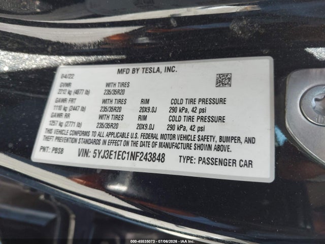 45535073 :رقم المزاد ، 5YJ3E1EC1NF243848 vin ، 2022 Tesla Model 3 Performance Dual Motor All-wheel Drive مزاد بيع