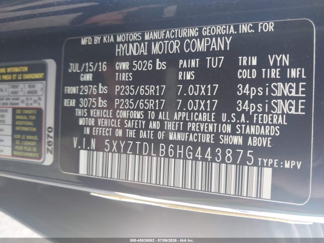 2017 Hyundai Santa Fe Sport 2.4l მანქანა იყიდება აუქციონზე, vin: 5XYZTDLB6HG443875, აუქციონის ნომერი: 45535082