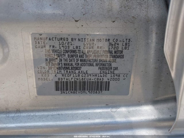 45535084 :رقم المزاد ، 3N1CN8EV0ML920837 vin ، 2021 Nissan Versa Sv Xtronic Cvt مزاد بيع