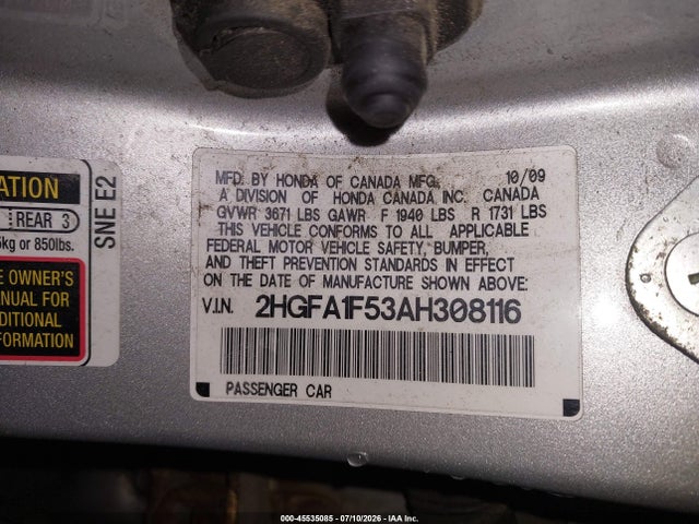 45535085 :رقم المزاد ، 2HGFA1F53AH308116 vin ، 2010 Honda Civic Lx مزاد بيع