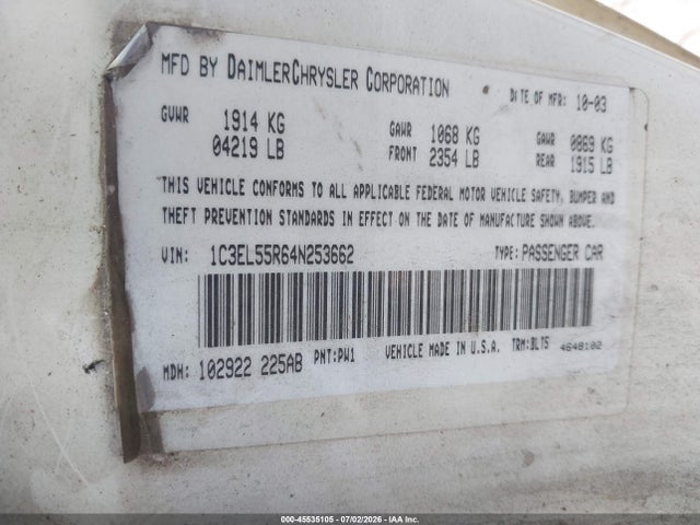 45535105 :رقم المزاد ، 1C3EL55R64N253662 vin ، 2004 Chrysler Sebring Lxi مزاد بيع