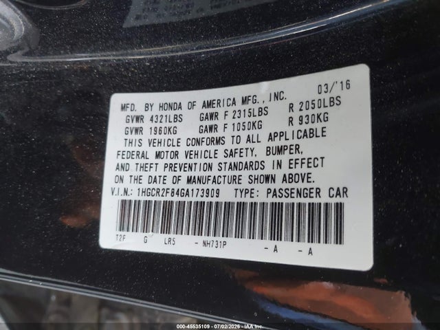 Honda Accord Ex-l 2016 1HGCR2F84GA173909 Image 9