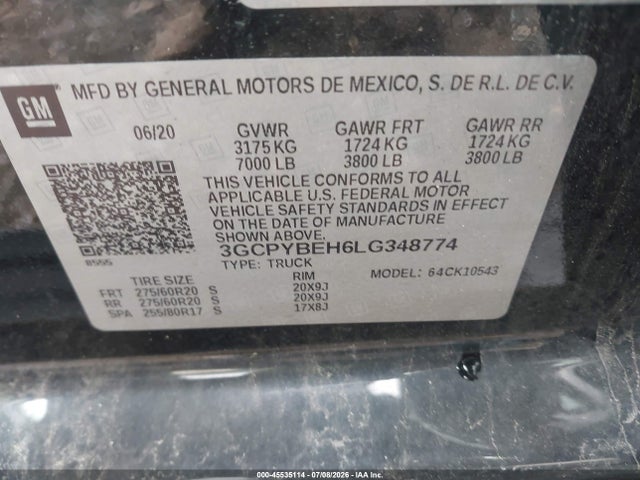 Aukcja sprzedaży 2020 Chevrolet Silverado 1500 4wd  Short Bed Custom, vin: 3GCPYBEH6LG348774, numer aukcji: 45535114