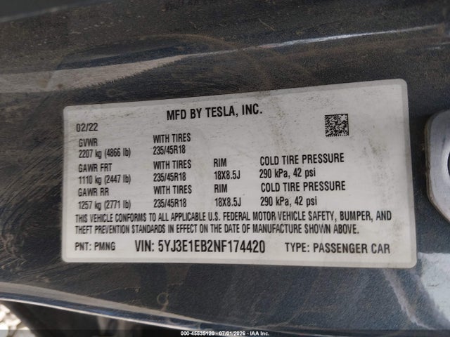 Tesla Model 3 Long Range Dual Motor All-wheel Drive 2022 5YJ3E1EB2NF174420 Image 9